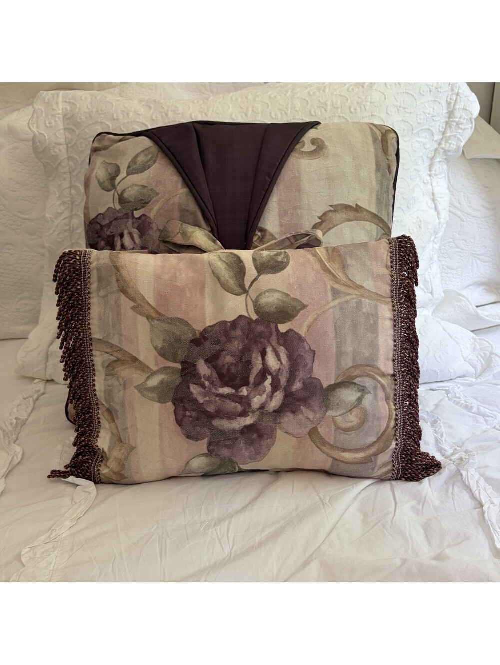 CROSCILL Chambord Cassis Amethyst Pillows Square Box Satin Back Rectangle Fringe